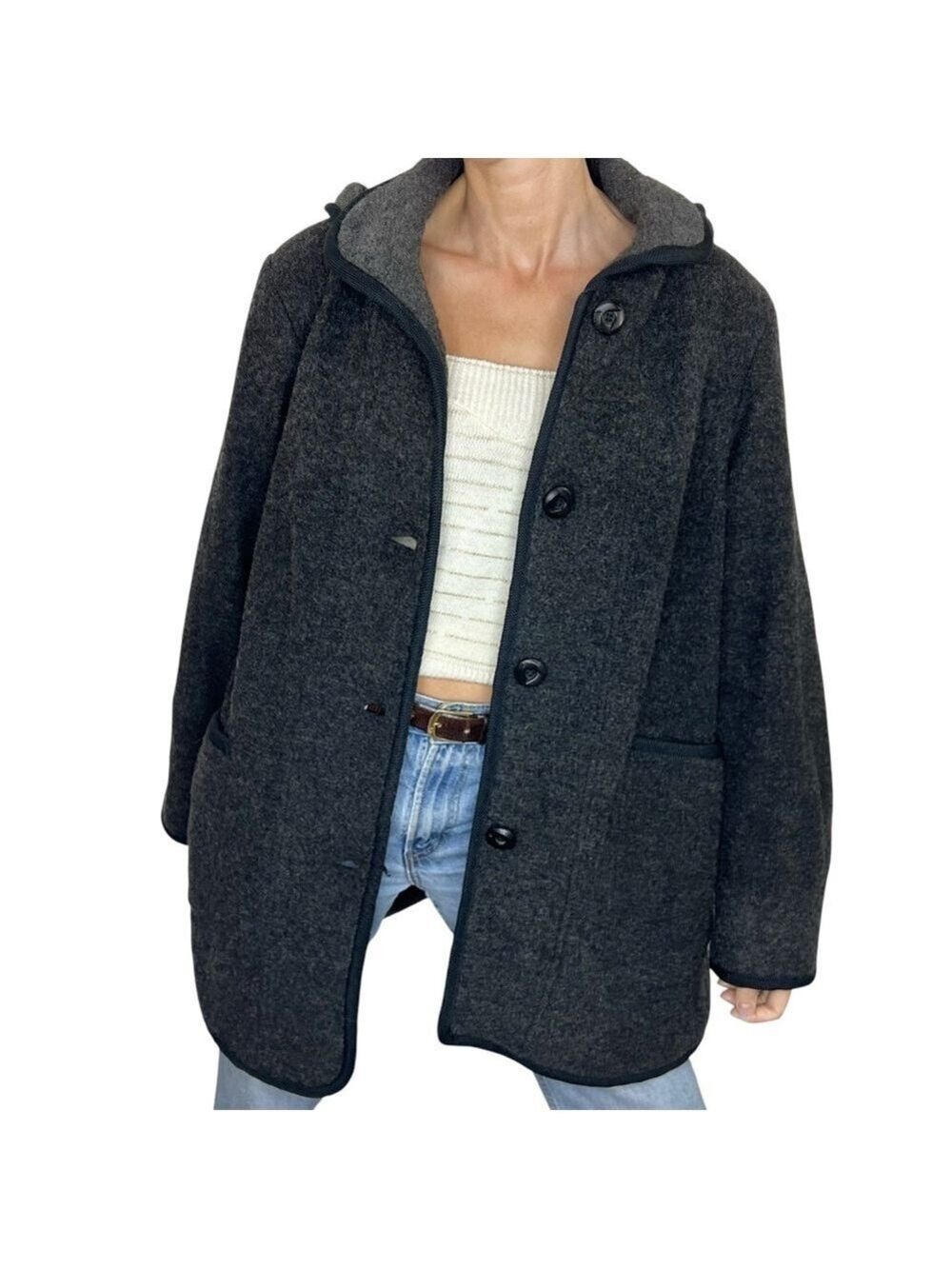 Fennelli Limited Edition grey black hooded wool blend lined sweater coat 16